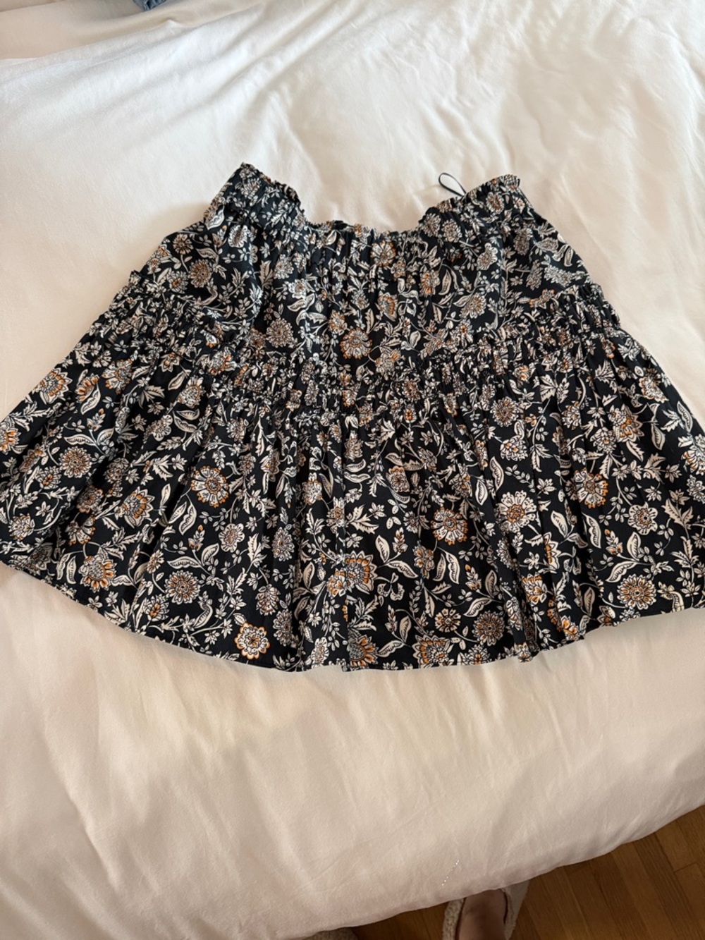 Zara Black Floral Tiered Skirt with Cream and Tan Details